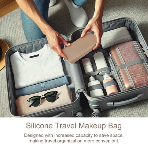 Jaasuee Zipper Makeup Brush Bag for Travel, Cosmetic Case for Women,Large Silicone Holder, Brush Pouch Case for Tools - Khaki