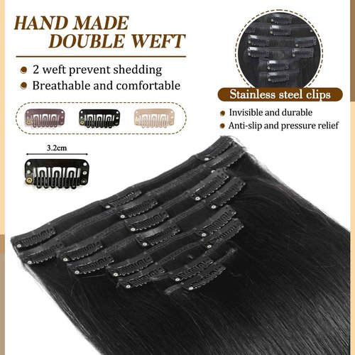 Clip in Hair Extensions Real Human Hair, 16 inch 90g, Balayage Invisible Remy Human hair Clip in Extensions for Women Seamless Straight 8Pcs Double Weft Natural Black