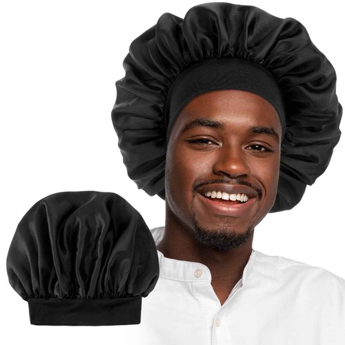 WLLHYF Silk Bonnet for Men, Satin Bonnet Double Layer Elastic Band Silk Sleep Cap Black Soft Adjustable Hair Cap Hair Wrap Large Bonnets for Women Sleeping