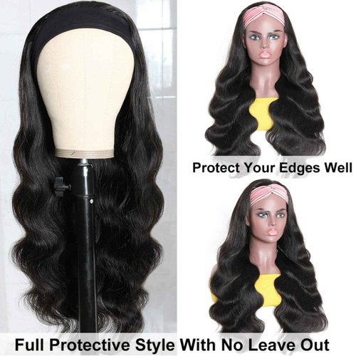 catti Headband Wig Human Hair Body Wave Headband Wigs for Black Women Brazilian Virgin Hair Glueless None Lace Front Half Wigs Human Hair Wear and Go Headband Wigs 150% Density (18" Headband wigs)