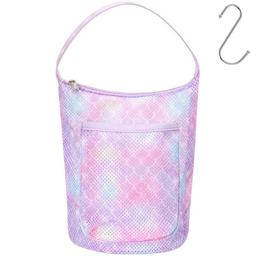 BrainyBees Kids Shower Caddy Mesh – Small Kids Toiletry Bag Girls Shower Bag Portable, Collapsible Camp Dorm Gym Travel Bathroom Essentials Gift, Purple Mermaid