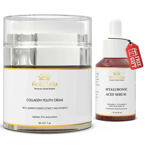 "SOLARIELLE Anti-Aging Skincare Set | Hyaluronic Acid Serum & Collagen Cream | Face & Neck Duo for Wrinkle Reduction | Natural Peptide Formula"