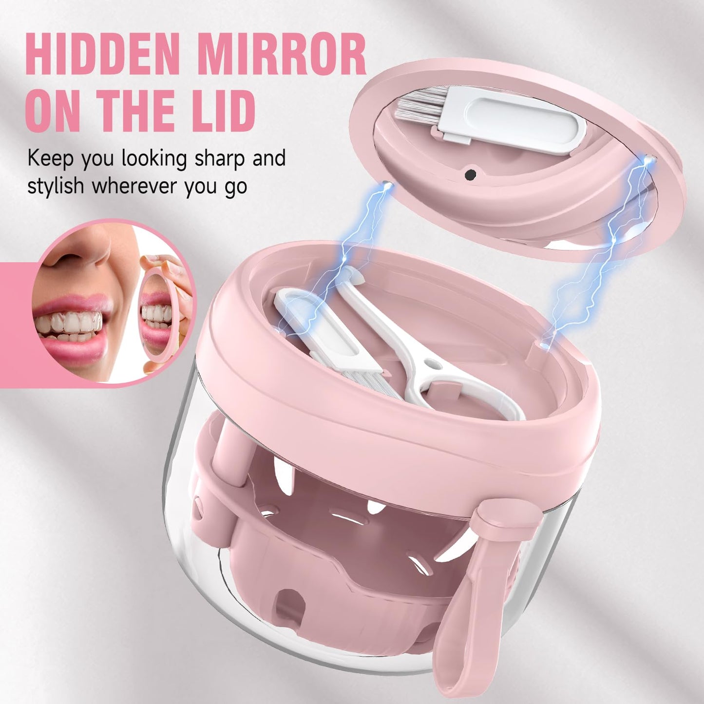 2024 Upgraded Netceem Denture Cup, Leak Proof Denture Case, Retainer Cleaning Box, Complete Clean Care for Dentures,Night Guard & Retainers with Denture Brush,Strainer, Removal Tool and Mirror(Pink）