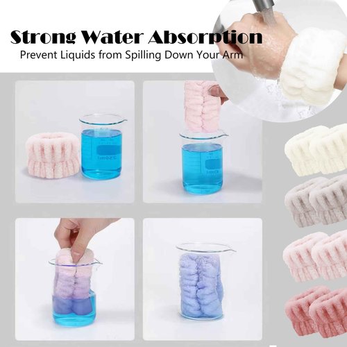 Hosslearlear 4 Pairs Wrist Bands for Washing Face, Microfiber Wristbands for Women Skin Care Preventing Water from Spilling Down Arm, Multicolor (Beige, Mica, Pea red, Pink)
