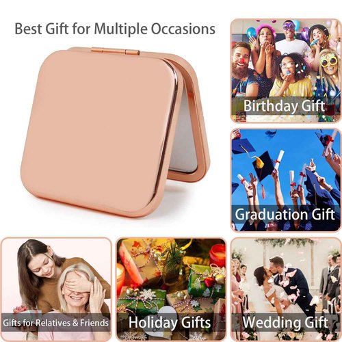 PDOZV Small Compact Mirror, Rosegold Square 2.8”×2.8” Metal Frame Smooth Style Double Sided Mini Magnifying 1X/2X Mirror for Purse Can be Used as Gifts for Woman (RG01)