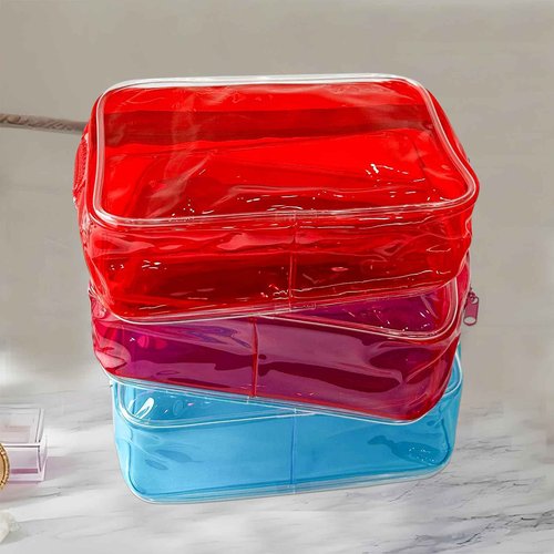 Neon Clear Pouch Small Makeup Bag, 7"x2.3"x4.7" Size TSA Approved Toiletry Bag, PVC Travel Bags for Toiletries, Clear Cosmetic Bag for Women and Men Small (black+clear+red+blue+dark red)