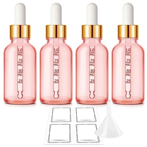 Bumobum 1 oz Dropper Bottle, Pink Glass Dropper Bottle with Glass Measured Dropper & Golden Cap, Empty Eye Tincture Bottles with Funnel & Labels for Essential Oils Serums Tavel Liquids, 4 Pack