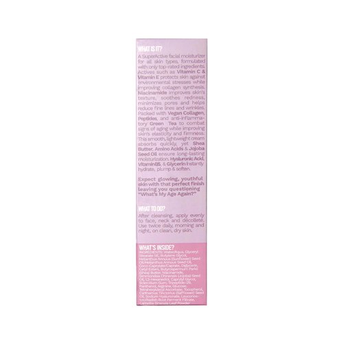 What’s My Age Again? SuperActive Facial Moisturizer | Daily Hydrating Face Moisturizer with Hyaluronic Acid, Niacinamide, Glycerin, Peptides, Vitamins B5, C & E | Clean, Vegan, Sustainable & Cruelty-Free | EWG Verified | Fragrance Free | All Skin Types |