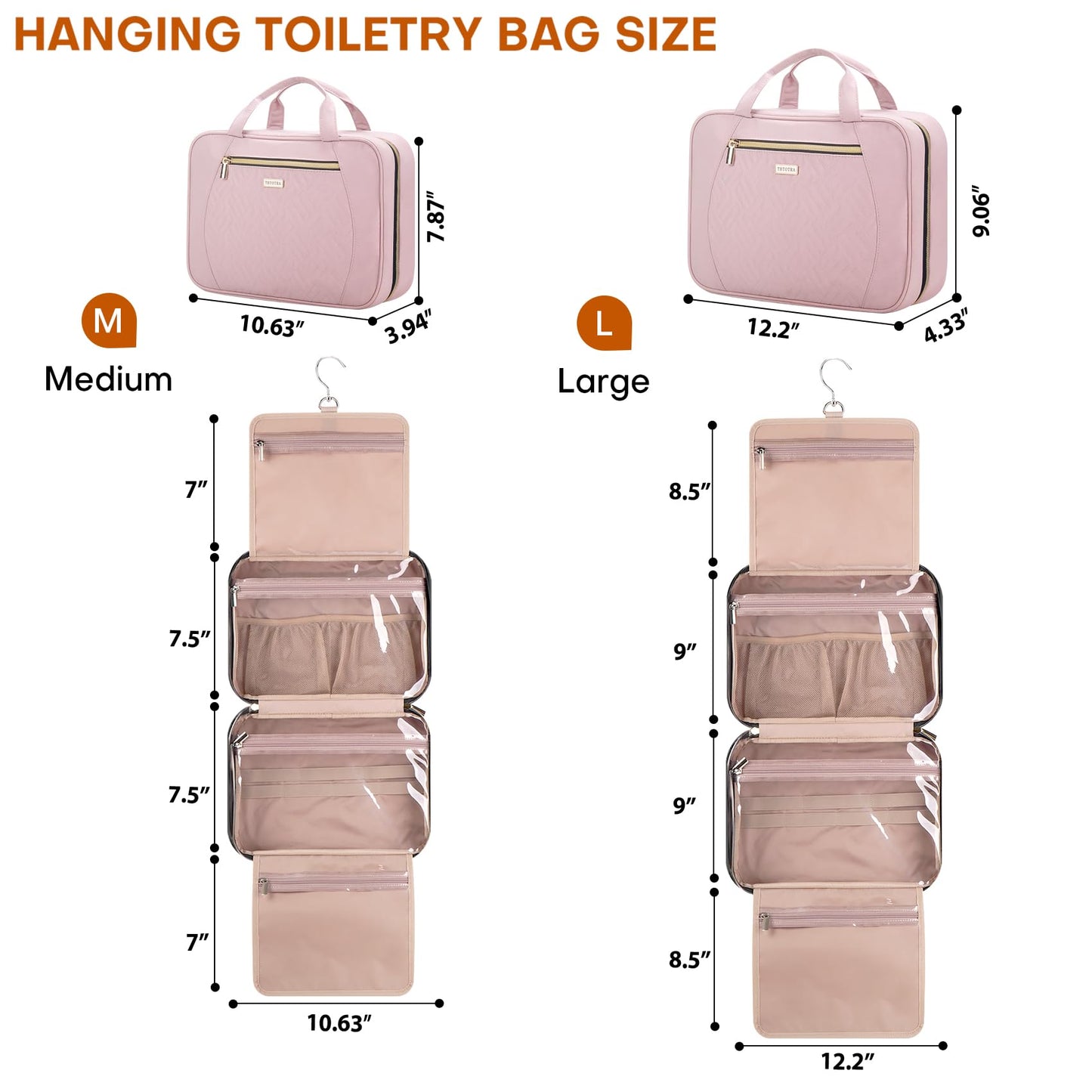 TBTOTRA Women's Travel Toiletry Bag - Hanging Makeup Organizer for Accessories, Shampoo, Full-size Containers, Toiletries - Pink