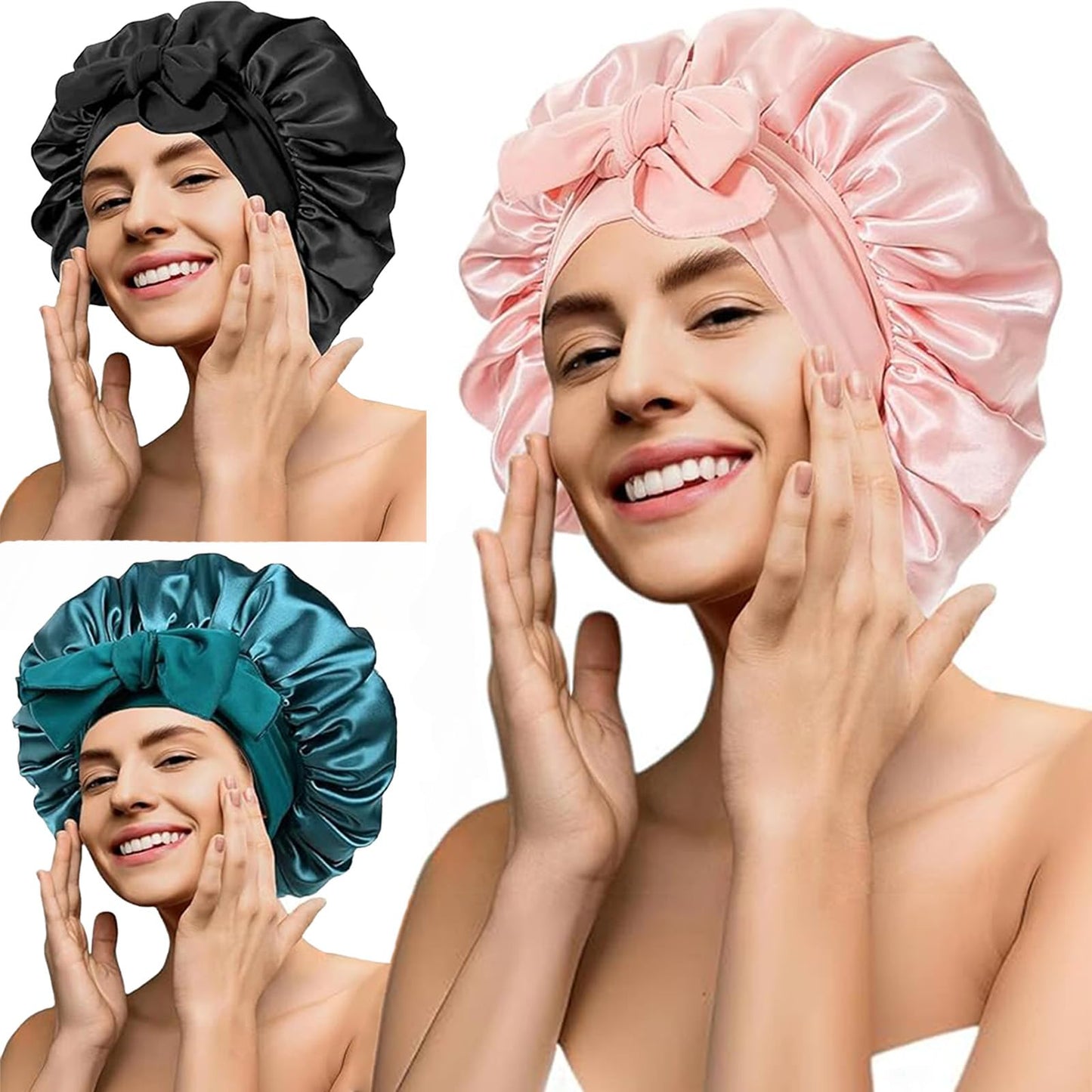 3Pc Silk Bonnet Satin Hair Bonnet With Tie Band for Sleeping Large Bonnets Hair Wrap with Adjustable Straps Hair Shower Cap for Women Curly Braid Hair(Pink+Black+Green)