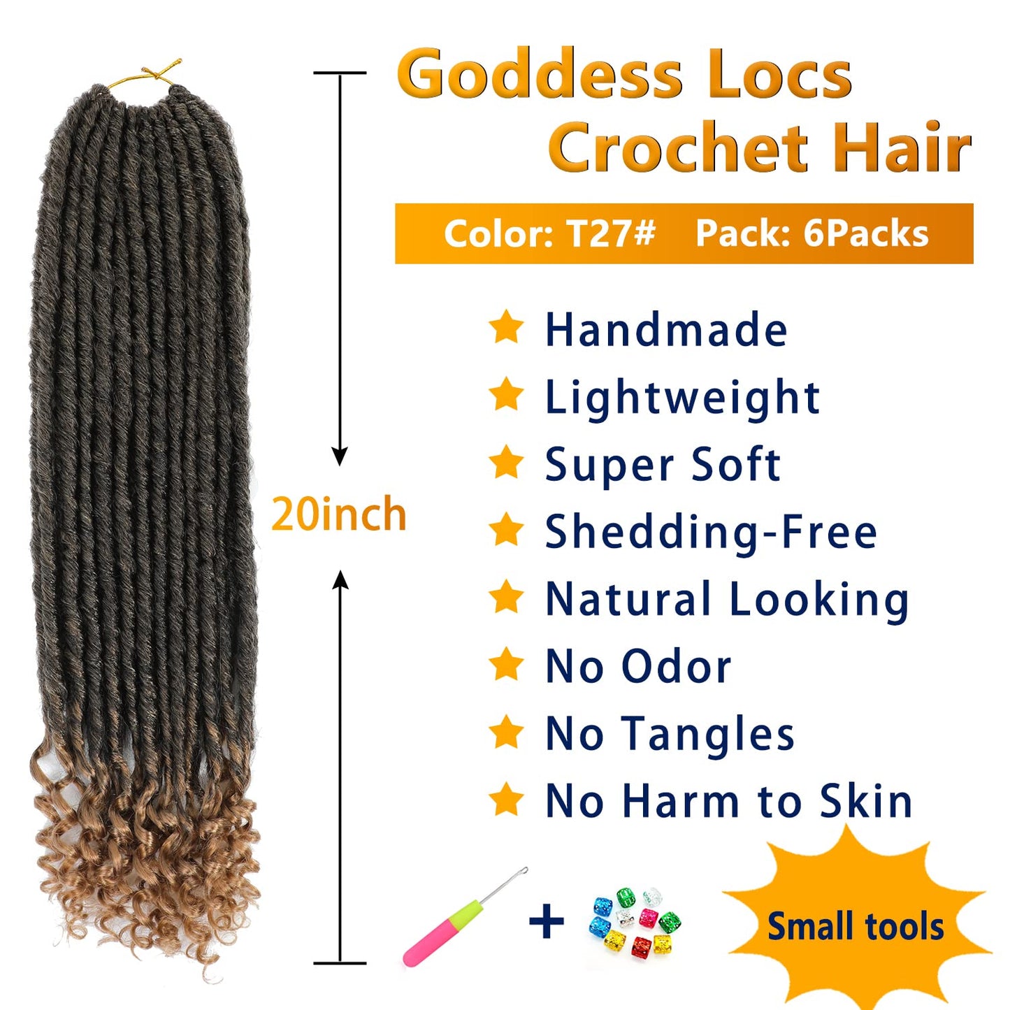 Goddess Locs Crochet Hair 6 Packs 20 Inch Straight Faux Locs Crochet Hair for Black Women, Crochet Pre-Looped Curly Hair Soft Faux Locs Synthetic Braiding Hair Extensions (20 Inch, 6 Packs, 1B-27#)