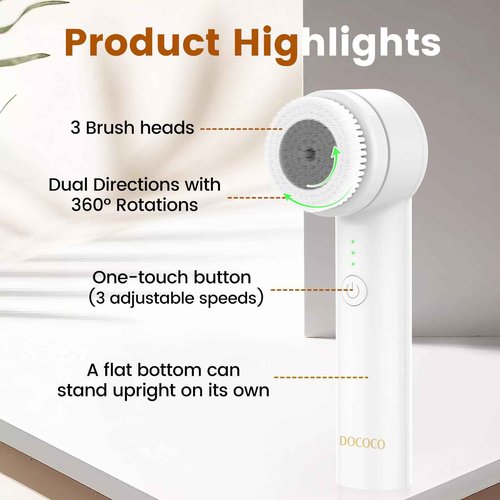 DOCOCO Facial Cleansing Brush, Electric Face Scrubber with 2 Rotational Directions, 3 in 1 Facial Brushes for Cleaning and Exfoliating, 3 Speeds Adjustable, Waterproof Face Wash Brush for Men Women