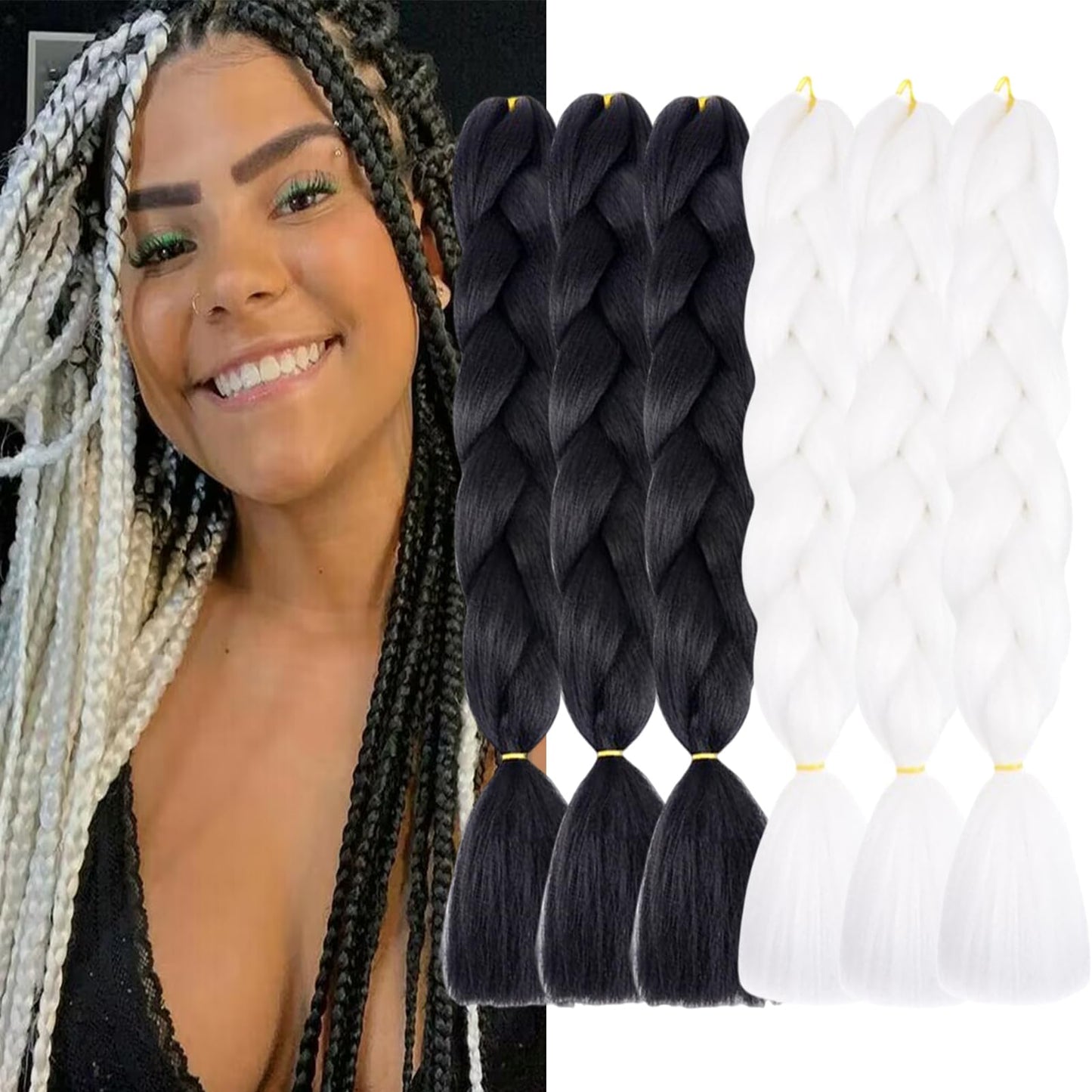 LILYKA SHOW 6 Packs 24 Inch Braiding Hair Extensions for Women Braiding Hair Ombre Jumbo Braiding Hair Extensions High Temperature Synthetic Braiding(24 Inch (Pack of 6), Black/White)