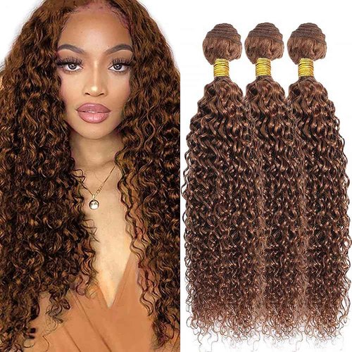 #30 Human Hair Bundles Curly Wave 14 16 18 Inch Kinkycurly Bundles Human Hair Unprocessed Native Virgin Hair 100/PC 3 Extensions Light Brown Color Wet and Wavy Human Hair Extensions for Women