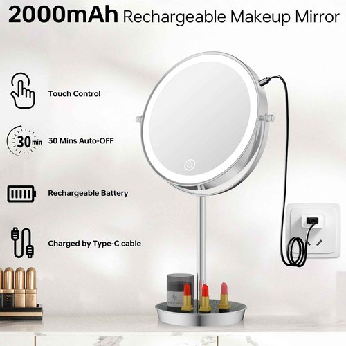 LANSI 8" Lighted Makeup Mirror with 3 Color Lights and 1X 10X Magnification, Magnifying Vanity Mirror with Jewelry Holder and Storage Base, Dimmable,Touch Control, Chrome