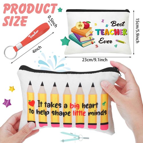 Sadnyy 36 Pieces Teacher Appreciation Gifts Set 12 Makeup Bag 12 Silicone Keychain 12 Blessing Card Bracelet Teacher's Day Gift Teacher Makeup Pouch Pencil Bag Inspirational Quote Key Chain, 12 Styles