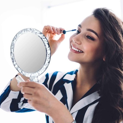 YEAKE Hand Mirror,Double-Sided Handheld 1X/5X Magnifying Mirror with Handle, Handle Makeup Mirror,Acrylic, 6.1" W x 10" L, Rounded Shape, Clear 2 PCS