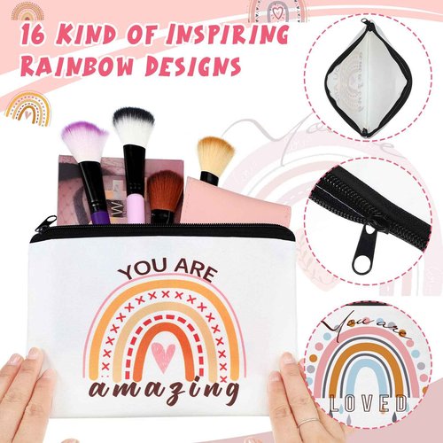 Hillban 32 Pcs Canvas Cosmetic Makeup Bag Women Christmas Inspirational Gifts Travel Toiletry Makeup Bag Pouch with Inspirational Keychains for Christmas Women Teacher Appreciation Gift(Rainbow)