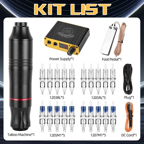 ATOMUS Cartridge Tattoo Machine Kit Pen Rotary Tattoo Machine with Power Supply 20pcs Mixed Cartridge Needles Foot Pedal DC Clip Cord