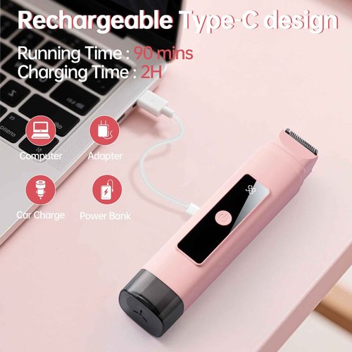 Bikini Trimmer for Women: 2-in-1 Electric Shaver with Digital Display,IPX7 Waterproof & Easy Cleaning& Travel Lock - Dual Head Trimmer for Underarms, Legs, Face (Pink)