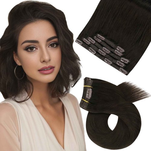 Moresoo Short Human Hair Clip in Extensions Brown Double Weft 10 inch Clip in Hair Extensions for Women Dark Brown #2 5pcs 80g
