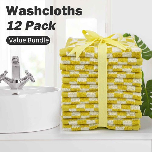 Jacquotha Super Soft Wash Cloths(Mustard Yellow Checkered), 12 Pack Washcloths Facecloth, Cotton Face Towels Set for Body Showering 13x13 Inches, Gifts