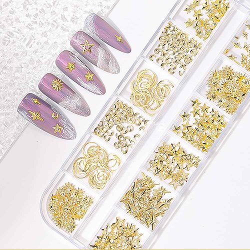 450pcs Sun Moon Stars Gold Nail Charms, 12 Grids/Box Metal Rivets Nail Art Charms 3D Star Charms for Nails Design Alloy Nail Studs Nail Jewelry Starlight Nail Charm Nail Jewels for Nail Art Supplies