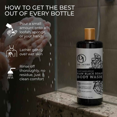 Dr Jacobs Naturals Authentic African Raw Black Soap, All-In-One Cleanser for Face Wash, Sensitive Skin Body Wash, Shampoo, Shaving Soap | Shea Butter Moisturizing and Nourishing Formula | 32oz 1pk