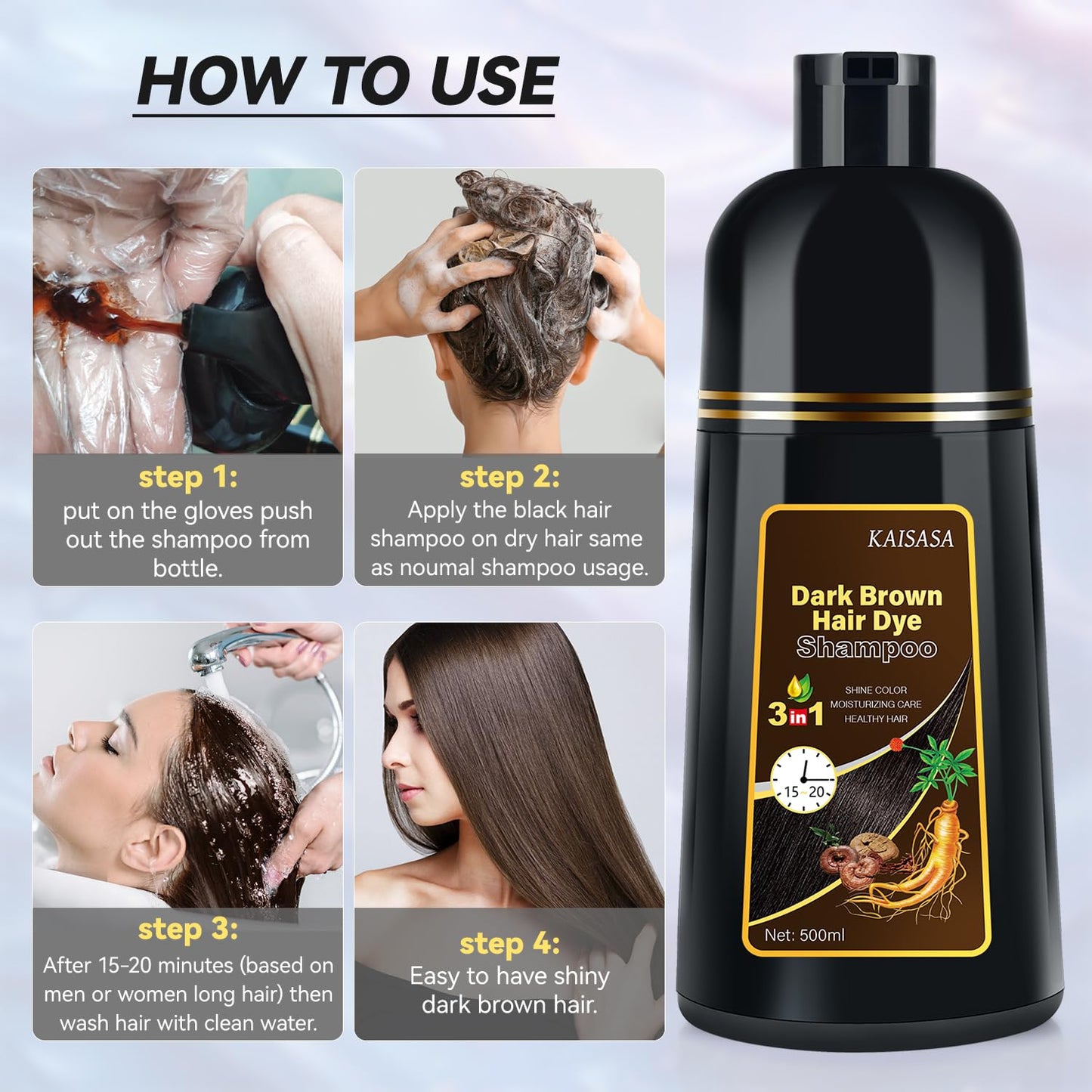 JIESSIA Dark Brown Hair Dye Shampoo 3 IN 1, 16.9 Fl Oz, Natural Herbal Plant Semi Permanent Covers All Gray Hair Treated for Women & Men