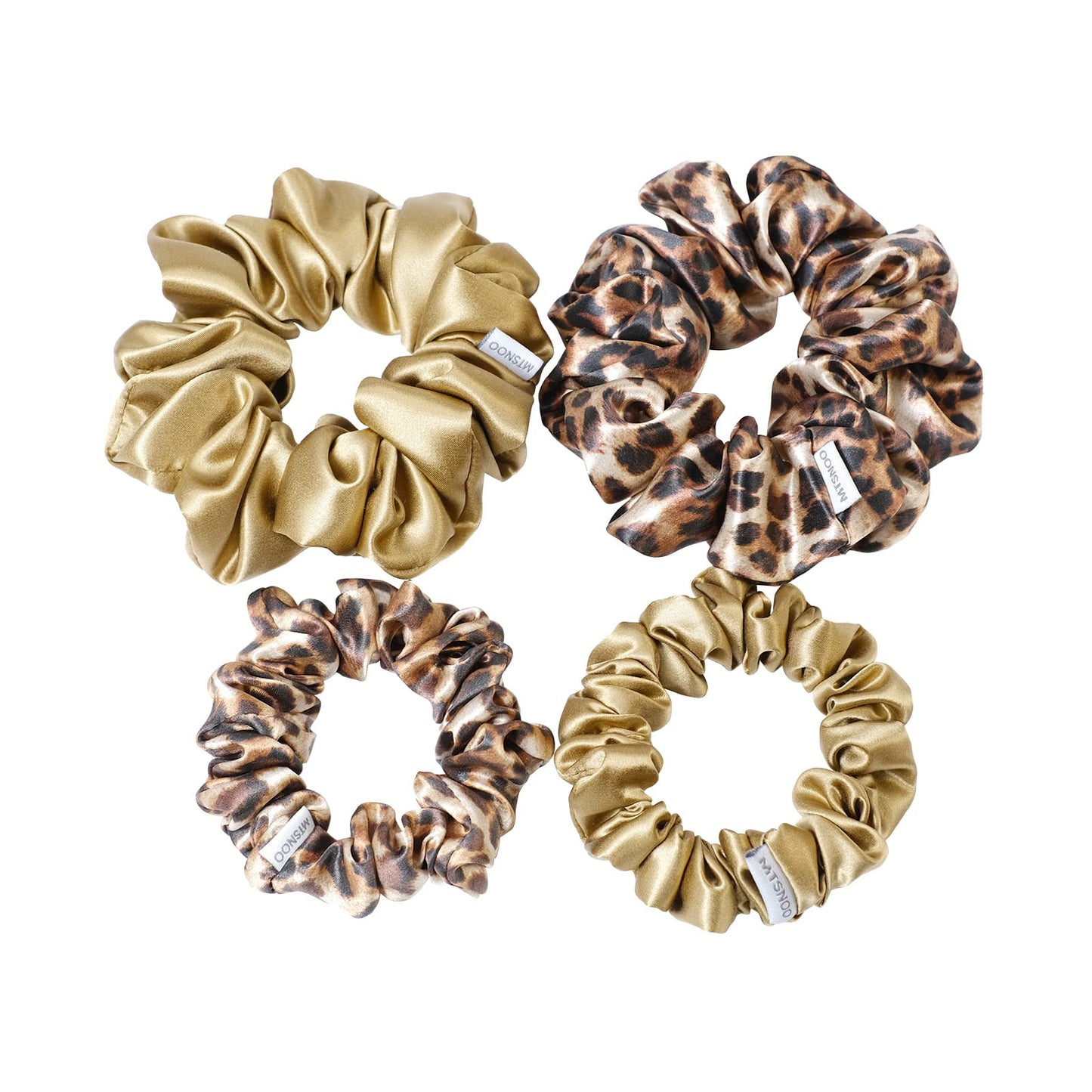 MTSNOO Silk Scrunchies, 100% Pure 22 Momme Mulberry, 4 Pack, Gold Leopard, for Curly Hair Care, Hair Ties for Women and Girls, Unique Gift