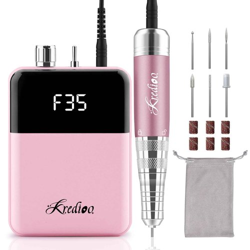 Kredioo Portable Nail Drill 35000 RPM, Rechargeable Electric Nail File E File Kit with Storage Bag Professional Manicure Kit for Nail Lovers Salon Home DIY-Pink
