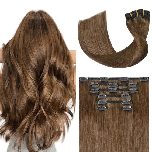 UGOTRAYS Light Brown Hair Extensions Clip in Human Hair 18 Inch 70g 7pcs Remy Hair Silky Straight 16clips One Pack for Women #6 Chestnut Brown Hair Extensions