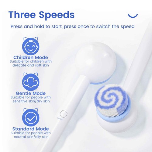 Oh,XIYU. Electric Back Scrubber for Shower Body Brush, Waterproof Shower Body Scrubber for Cleansing, Massaging, Rechargeable Bath Brush for Kids & Adults with 2 Heads & 3 Speed Modes, Milk White XY0