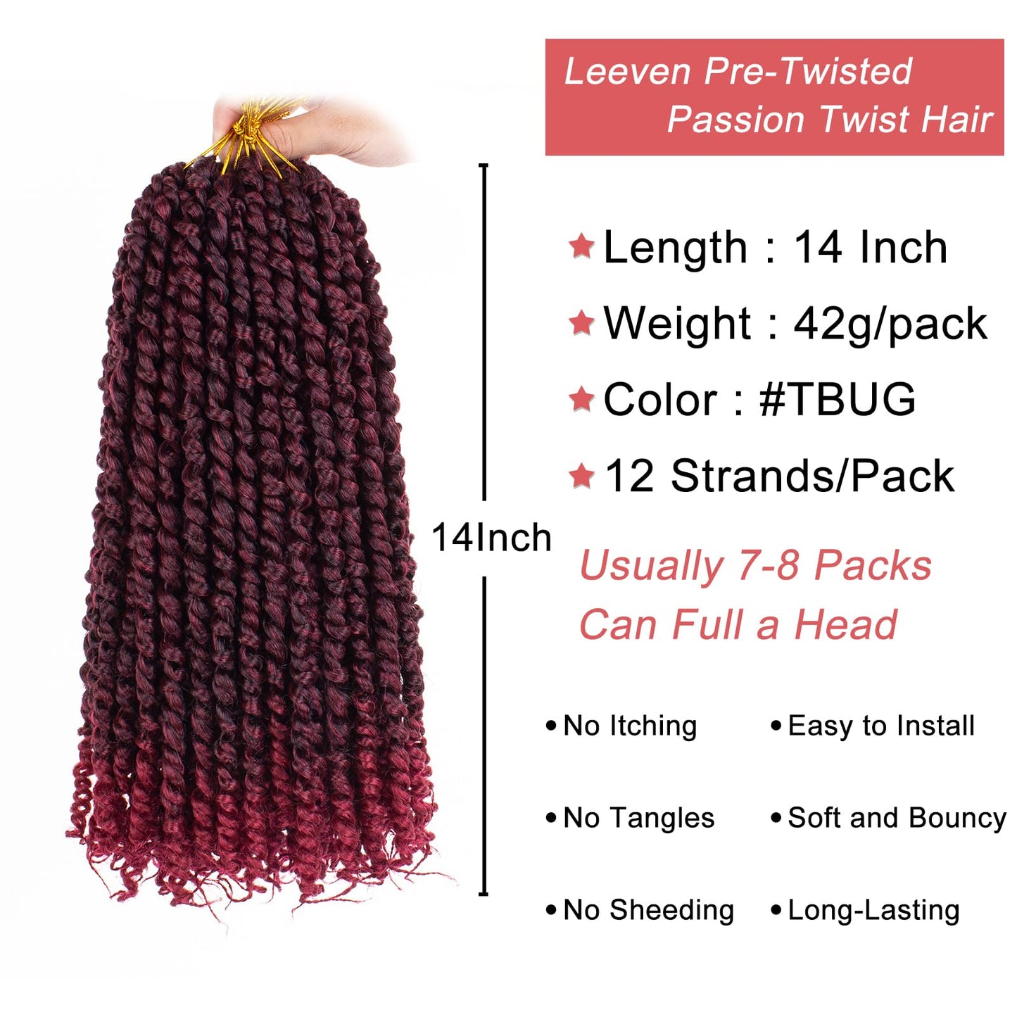 Leeven Ombre Burgundy 14 Inch Pretwisted Passion Twist Crochet Hair 8 Packs Pre Looped Red Short Curly Ends Bohemian Braids Synthetic Hair Extensions for Black Women #TBUG