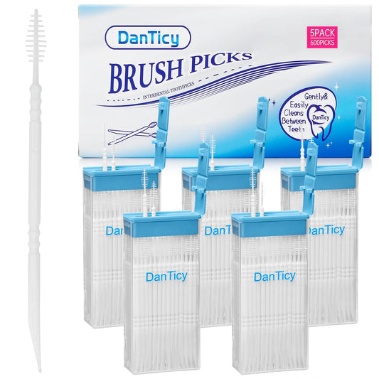 DanTicy Brushpicks Interdental Toothpicks,Soft Bristle Dental Floss Picks Toothpicks,Helps Removes Plaque and Debris Between Your Teeth 600PCS (Pack of 5)