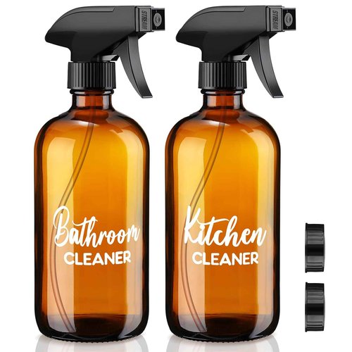Tioncy Empty Amber Glass Spray Bottles with Labels 2 Pack Large 16oz Refillable Bottle for Essential Oils Plants Cleaning Solutions Hair Mister Adjustable Nozzle(Kitchen Cleaner and Bathroom Cleaner)