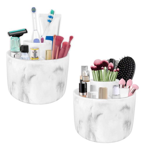 360° Rotate Makeup Brush Holder Organizer, Cosmetic Tool Storage Organizer, Cosmetic Display Case, Bathroom Toothbrush Holder, Office Desktop Storage Orgainzer, 4 Slot Resin White Marble, Smooth Spin
