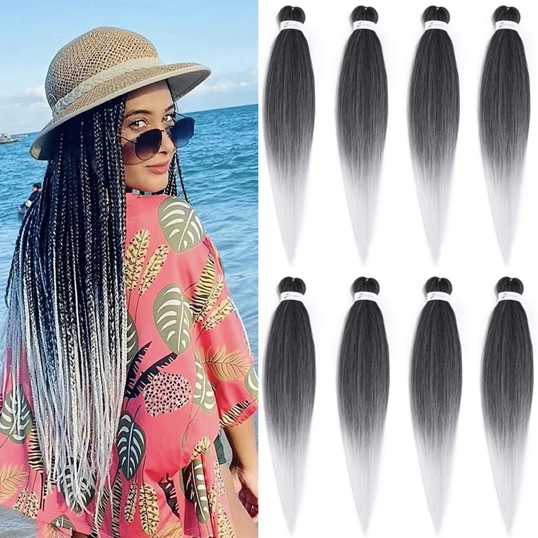 Pre Stretched Braiding Hair Extensions 30inch 8packs Mixed Color Professional Braids Hair Soft Yaki Straight Braid Hair Hot Water Setting Synthetic Crochet Hair (30inch,Mixed Black & White)