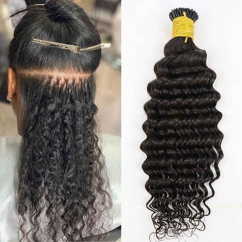 I Tip Hair Extensions Deep Wave Human Hair Extensions 20Inch Long Curly Kenratin Hair Natural Black Microlink Beads I Tip Hair Extension for Black Women Curly Real Remy Hair Extension 50g 50Strands