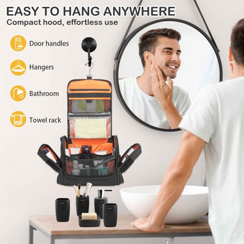 BISKLNDN Toiletry Bag for Men - Tactical Hanging Toiletry Travel Bag Shower Bathroom Organizer for Cosmetics/Shaving/Traveling Toiletries Kit, Portable Case with Handle & Swivel Hook, Black