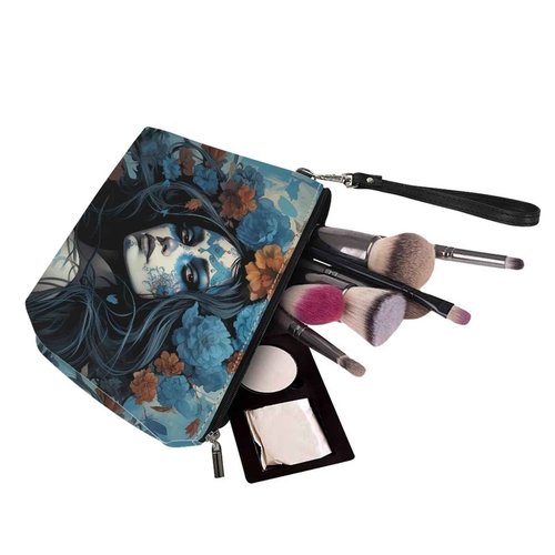 Howilath Women Dead Day Art Calavera Girl Print Cosmetic Bag Roomy Travel Makeup Bag Waterproof Toiletry Bag with Zipper for Teen Girls Women