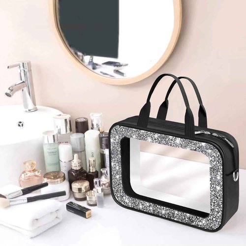 Meetart Clear Makeup Bag.Crushed Diamond Travel Toiletry Bag with Detachable Shoulder Strap.Transparent Cosmetic Bag for Travel, Bathroom Storage.(Black)