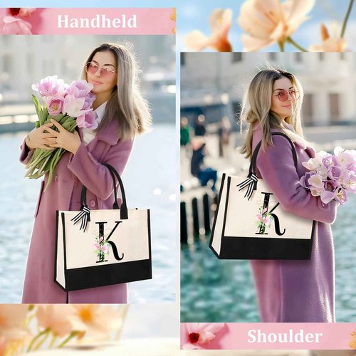 AYGE Personalized Initial Canvas Beach Tote, Monogrammed Gifts for Women, Makeup Bag, Birthday Gifts for Sister, Mom, Teacher, Bridesmaid (K)