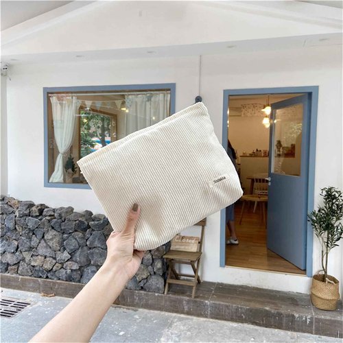 Saikaspotts 2PCS Travel Makeup Bag, Large Capacity Corduroy Cosmetic Bag, Large & Small Pink Toiletry Bag Organizer for Women Storage Cute Makeup Brush Bag-Corduroy Beige
