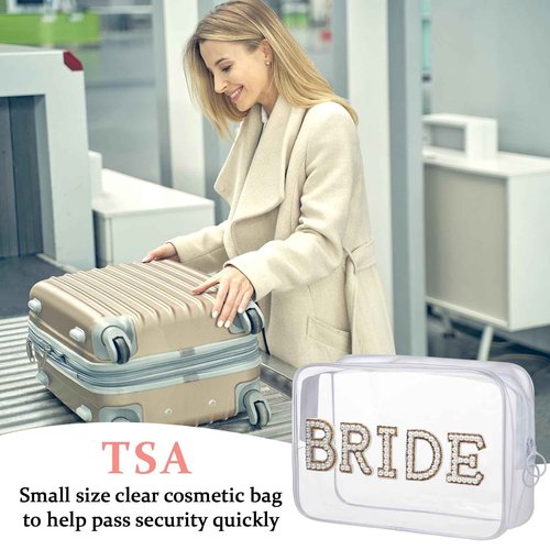 Etercycle Bride Clear Makeup Bag, Bridal Shower Gifts Engagement Cosmetic Bag, Bling Pearl Rhinestone Letter Patches Waterproof PVC Travel Organizer for Women Wedding Bachelorette Party (Gold)