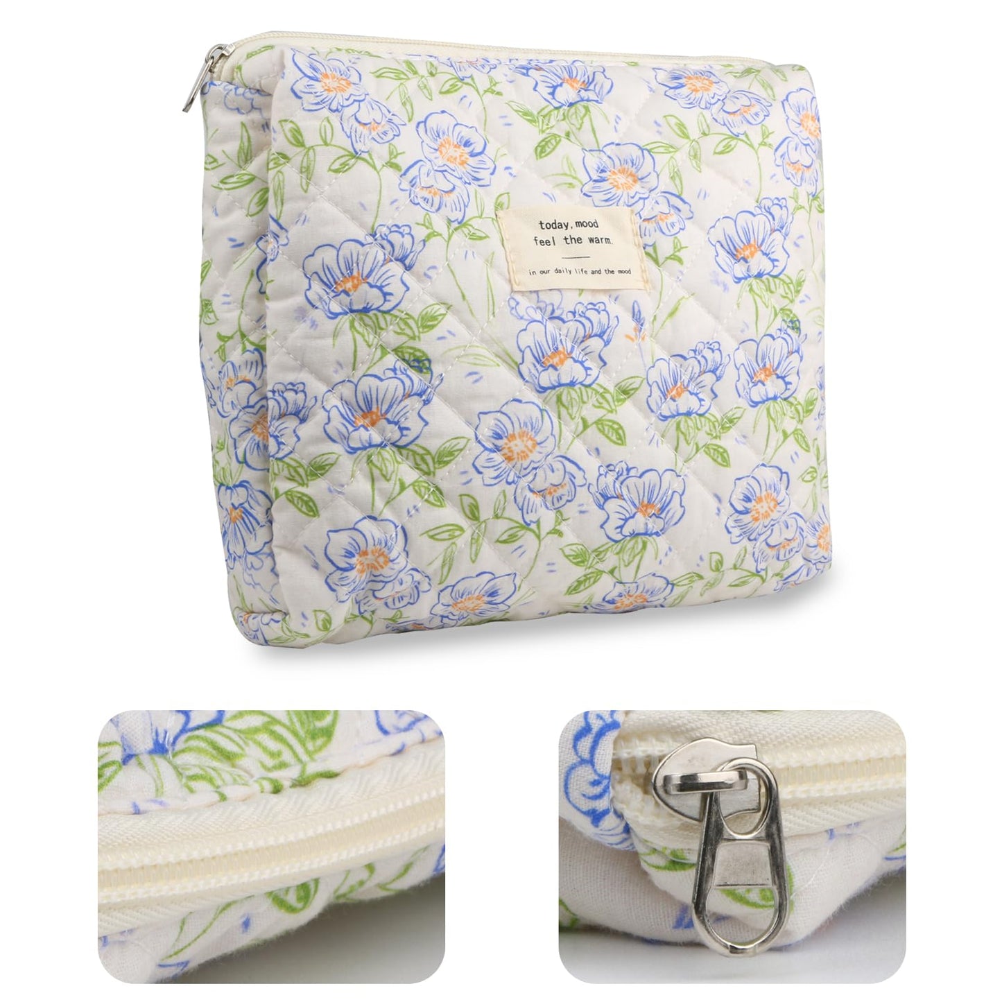 VIWIME Makeup Cosmetic Bag, Large Cotton Quilted Travel Coquette Aesthetic Cute Floral Make up Bag for Women Toiletry Bag Organizer(Green Leaf/2Pcs)