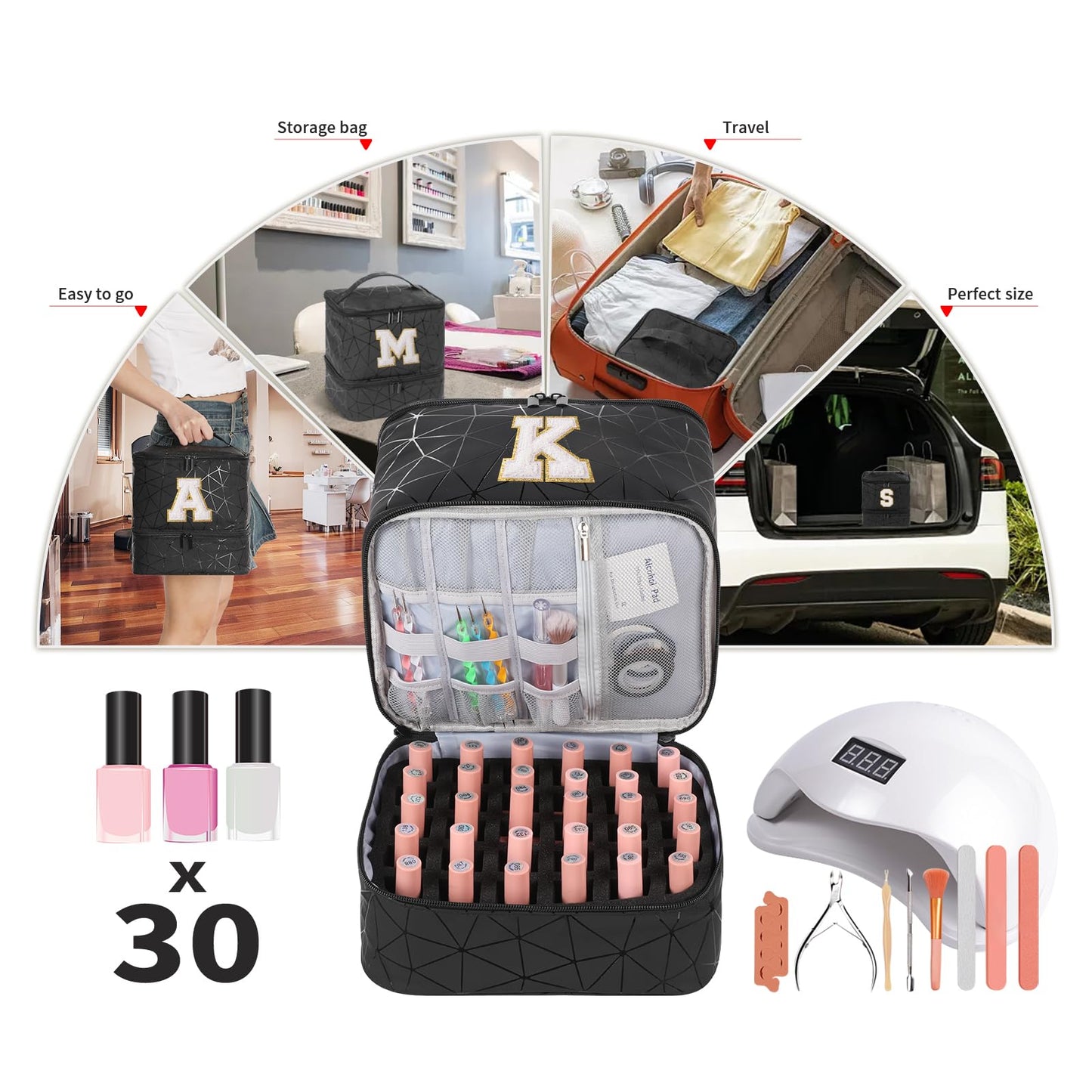 KGMCARE Nail Polish Organizer and Portable Nail Polish Bag Carrying Case, Holds 30 Bottles (15ml), Large Capacity Storage Case for Nail Polish (W)