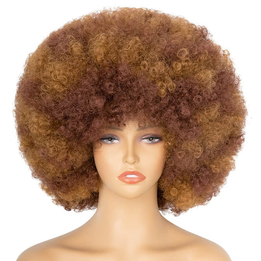 70's Afro Wig for Women, Mixed Brown Short Afro Kinky Curly Wig, Glueless Synthetic Wig with Bangs, Puffy & Fluffy Bouncy Afro Wig for Daily Cosplay Party