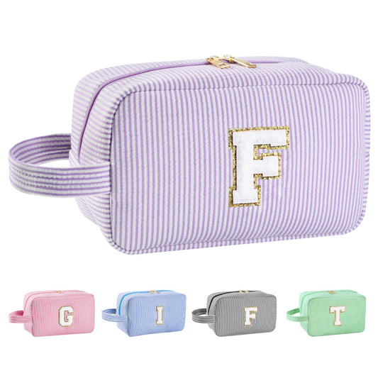 Huifen Personalized Initial Makeup Bag A-Z, Travel Toiletry Bag Monogram Make Up Bags Preppy Cosmetic Bag Cute Makeup Pouch Birthday Graduation Gifts Bags for Women Teen Girls Friends (Purple, F)