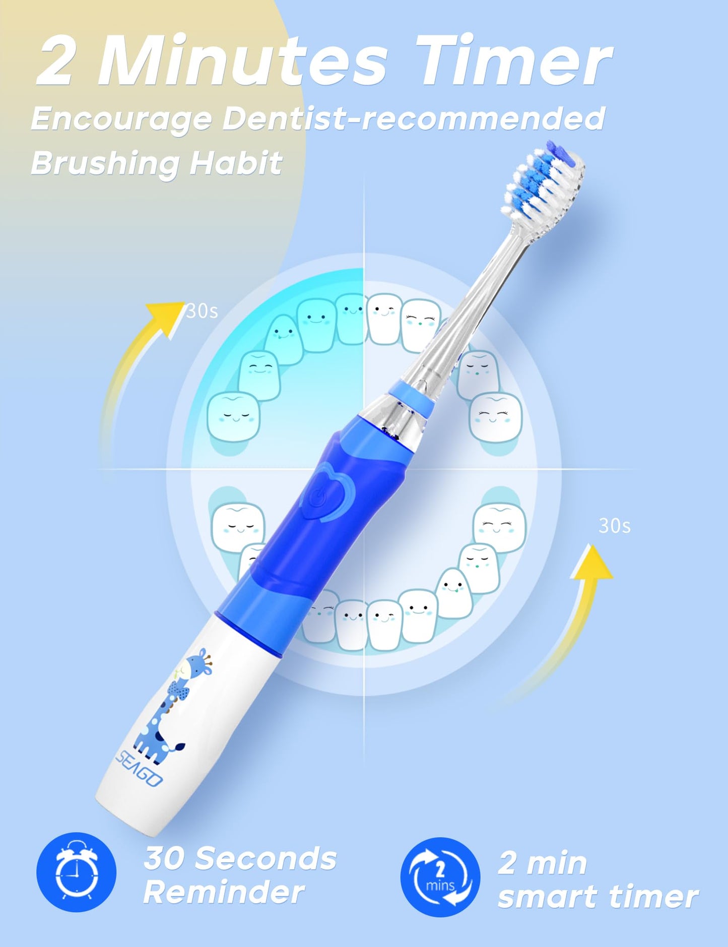 SEAGO Kids Electric Toothbrush with 2 Mins Brushing Timer and 8 Replacement Bursh Heads,Rainbow LED Light Make Brushing Fun, Blue Color Boys Battery Powerd Toothbrush for 4-12 Years Old